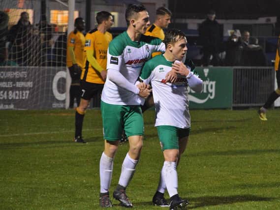 Dan Smith and Calvin Davies celebrate after teaming up for what proved the winning goal / Picture by Darren Crisp
