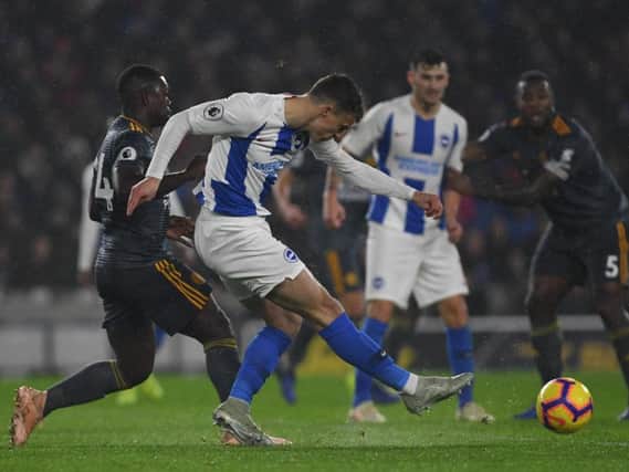 Brighton winger Solly March sends in a shot against Leicester. Picture by PW Sporting Photography
