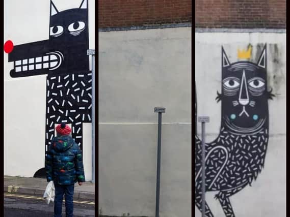 The three states of the wall in North Pallant over the past few weeks