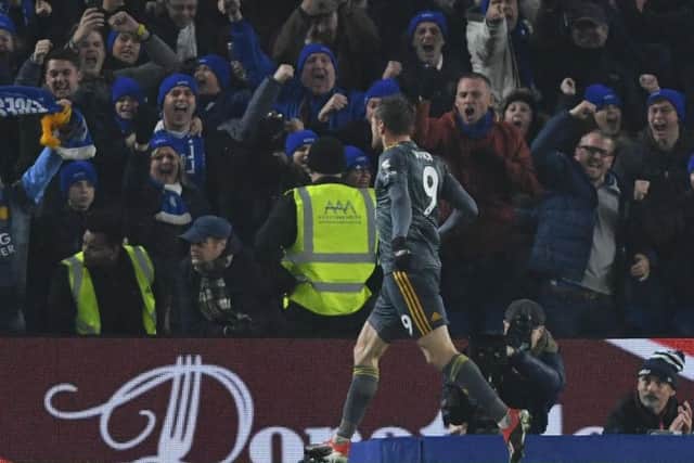 Jamie Vardy celebrates his equaliser at Brighton on Saturday. Picture by PW Sporting Photography
