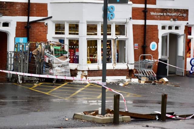 The scene after a car collided with the front of the Co-op in Horam, photo by Dan Jessup
