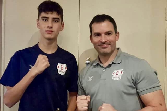 Daniel Hardinge and coach Stuart Smith. Picture courtesy of Shaun Brown Boxing Academy.
