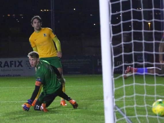 Lee Harding nets the opening goal against Greenwich Borough on Tuesday night. Picture by John Lines