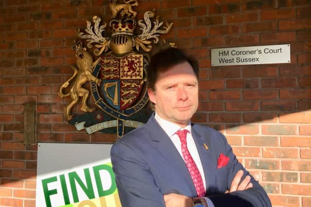 James Healy-Pratt, the lawyer representing the families of Becky Dobson, Stuart and Jason Hill and Ellie Milward, outside the West Sussex Coroner's Court in Crawley