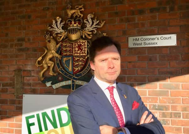 James Healy-Pratt, the lawyer representing the families of Becky Dobson, Stuart and Jason Hill and Ellie Milward, outside the West Sussex Coroner's Court in Crawley