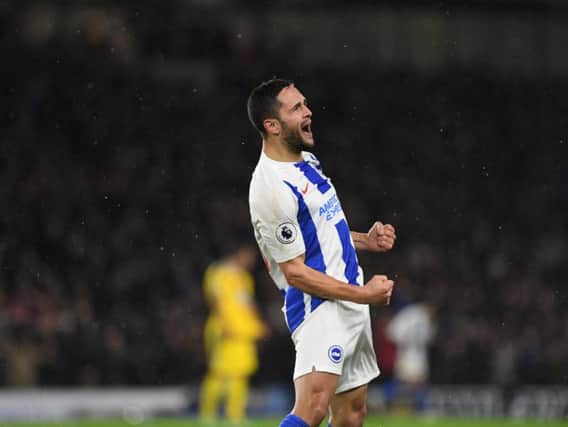 Florin Andone celebrates after putting Brighton & Hove Albion 3-0 up on the stroke of half-time on Tuesday night. Picture by PW Sporting Photography