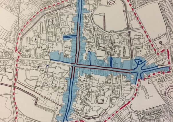 The proposed primary shopping frontage area, marked in red. Secondary shopping frontage area marked in blue. Chichester Local Plan Review