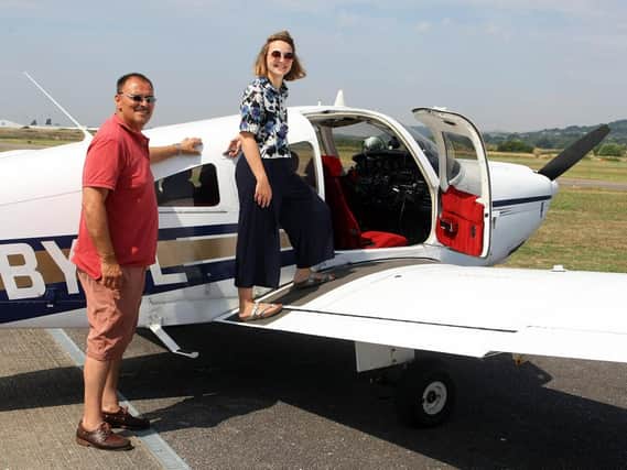 Pilot Kit Maharajh with reporter Isabella Cipirska ahead of a flight from Shoreham Airport to Brighton in July
