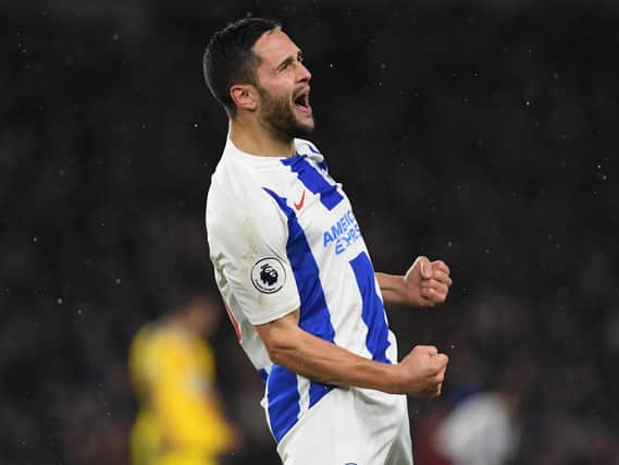 Florin Andone celebrates scoring against Crystal Palace. Picture by PW Sporting Photography