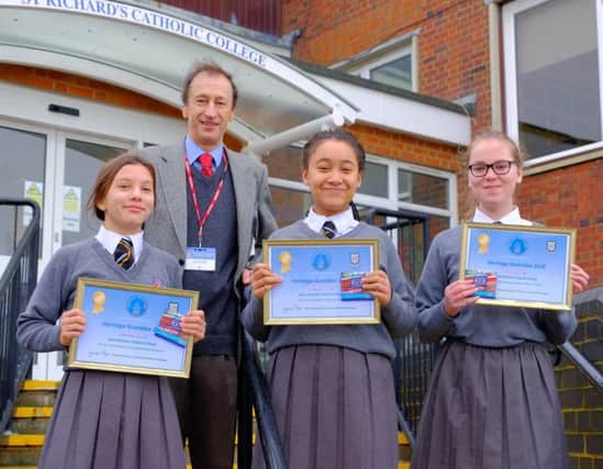 Grace, Amy and Marnie with Raymond Konyn of Bexhill Heritage. Picture credit: St. Richards Catholic College