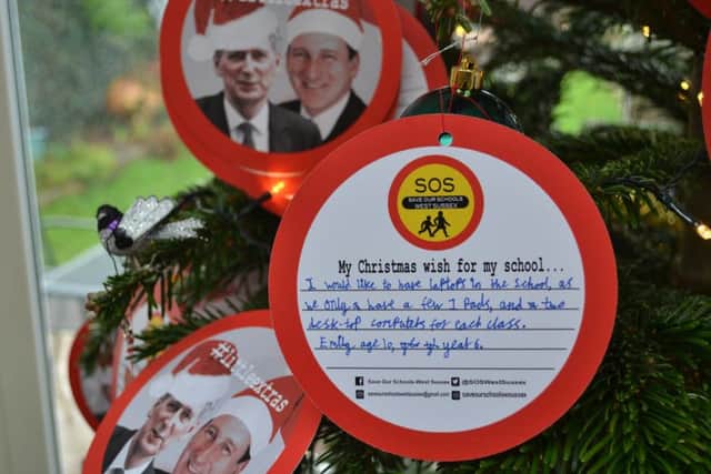 Christmas baubles with wishes from Worthing pupils asking for more school funding