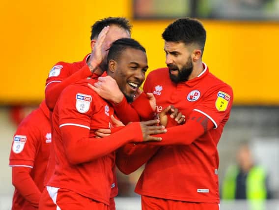 Crawley Town celebrate a goal by Dominc Poleon.
Picture by Steve Robards