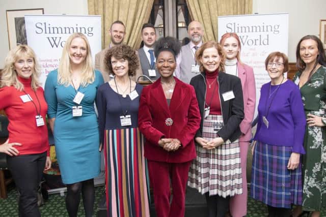 The Slimming World reception at the Houses of Parliament in Westminster, front from left, Kim Street, Emily Brace, Sian Ellis, Baroness Benjamin, Georgina Wallace, Charlotte Randall, Kim McAree and Jodie Rigby-Mee, back from left, Shaun Carrington, Dann Sullivan and Dave Lancaster