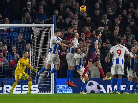 Mathew Ryan looks on as Brighton defend a set-piece against Arsenal. Picture by PW Sporting Photography