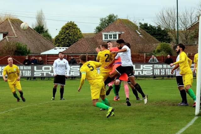 Goalmouth action from Pagham's Boxing Day visit from Chi City / Picture by Roger Smith