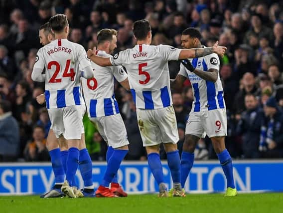 Albion celebrate Jurgen Locadia's goal against Everton. Picture by PW Sporting Photography