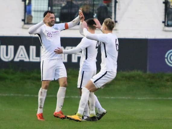 Gary Elphick celebrates his goal against Lewes. Picture by Angela Brinkhurst