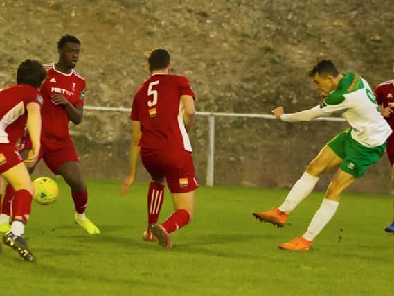 Dan Smith fires in Bognor's fourth at Whitehawk / Picture by Tommy McMillan