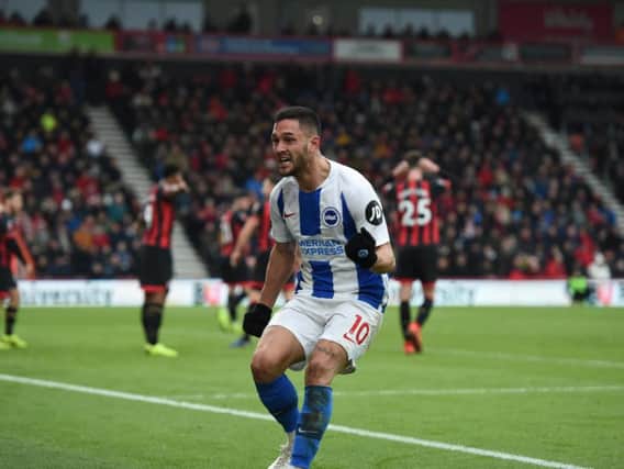 Florin Andone celebrates scoring Albion's third. Picture by PW Sporting Photography