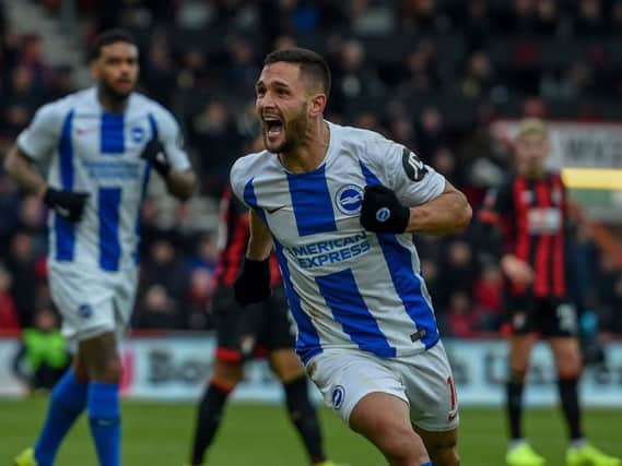 Florin Andone celebrates his goal at Bournemouth. Picture by PW Sporting Photography