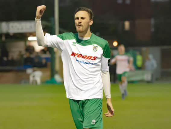 Jimmy Muitt celebrates after scoring the Rocks' second / Picture by Tommy McMillan