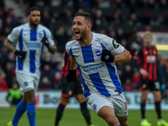 Florin Andone celebrates scoring at Bournemouth. Picture by PW Sporting Photography