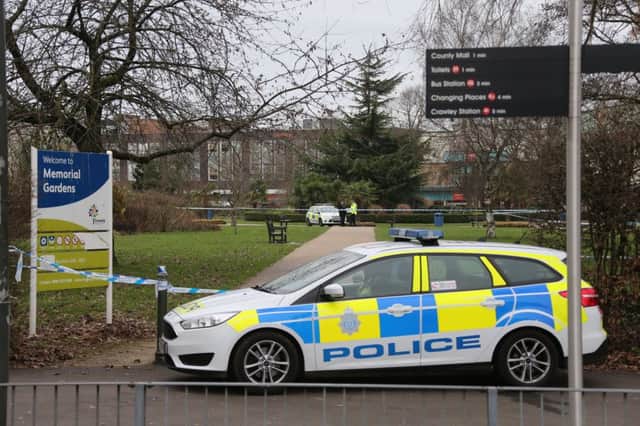Police at the scene in Memorial Gardens, Crawley. Picture by Eddie Mitchell.