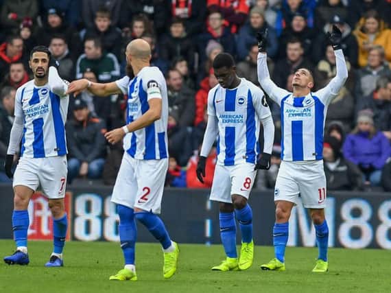 Anthony Knockaert celebrates scoring Brighton's opening goal against Bournemouth on Saturday. Picture by PW Sporting Photography