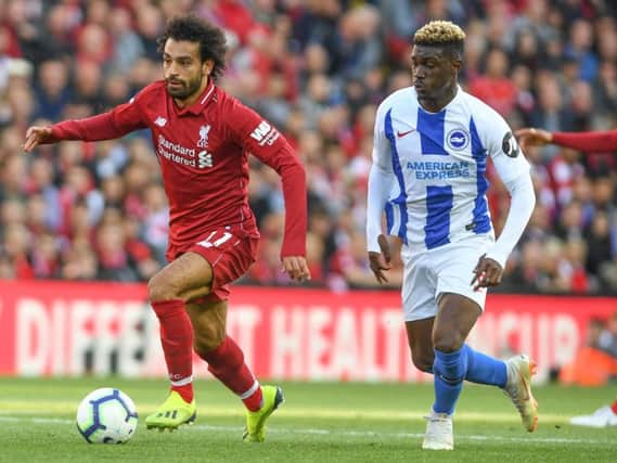 Mohamed Salah on the ball under pressure from Yves Bissouma in Liverpool's 1-0 win against Brighton earlier this season. Picture by PW Sporting Photography