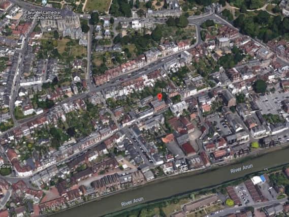 Aerial view of Arundel, with Sparks Yard in 18 Tarrant Street highlighted. Pic: Google Earth