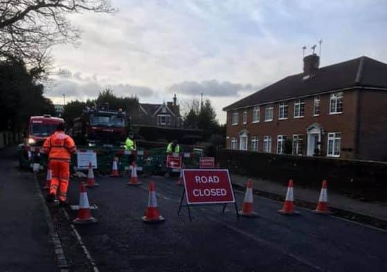 New England Road in Haywards Heath remains closed today (January 10), due to the burst water main