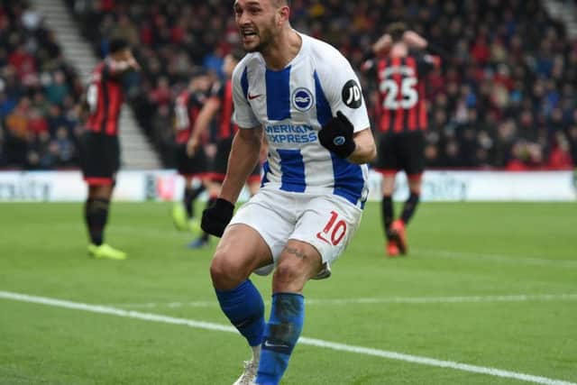 Florin Andone celebrates his goal at Bournemouth on Saturday. Picture by PW Sporting Photography