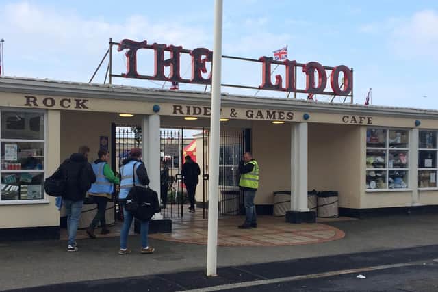 Crews move equipment into the Worthing Lido ahead of filming for Stan & Ollie