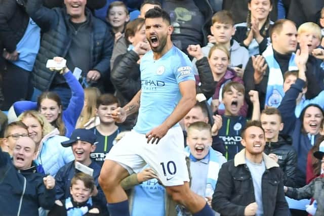 Sergio Aguero celebrates scoring in Manchester City's 2-0 home win against Brighton this season. Picture by PW Sporting Photography
