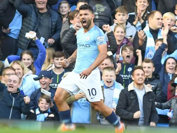 Sergio Aguero celebrates scoring in Manchester City's 2-0 home win against Brighton this season. Picture by PW Sporting Photography
