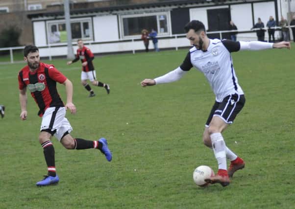 Jack McLean on the ball during Bexhill United's 1-1 draw with AFC Varndeanians. Pictures by Simon Newstead