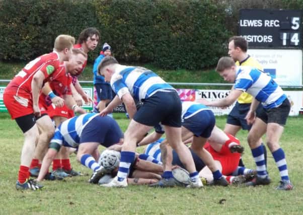 Hastings & Bexhill Rugby Club's pack dominates the midfield against Lewes. Picture courtesy Peter Knight