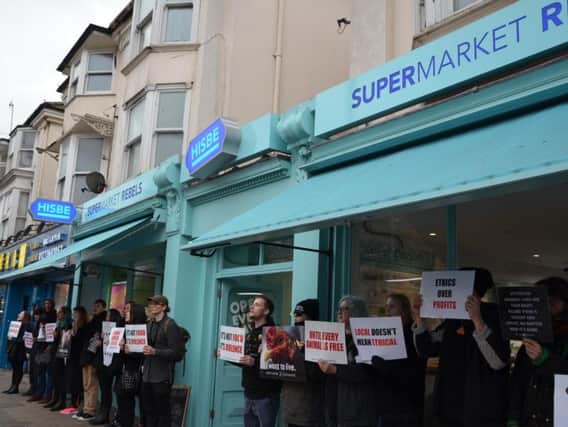 The protest at Hisbe, Brighton (Photograph: DxE Brighton)