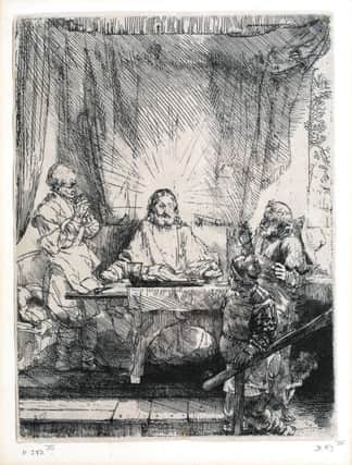 Rembrandt van Rijn - Christ at Emmaus: The Larger Plate, etching with drypoint on laid paper, circa 1654, posthumous fourth state. SUS-190114-104207001