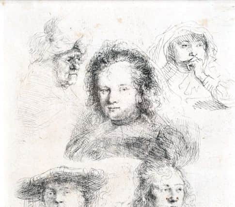 Rembrandt van Rijn - Studies of the Head of Saskia and others, etching on laid paper, circa 1636, with part of a Strasbourg Lily watermark. SUS-190114-104156001