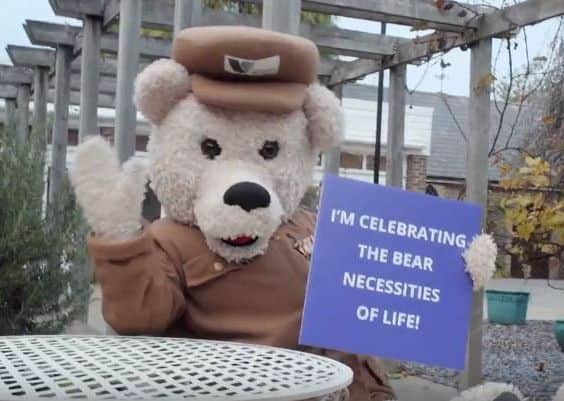 The star of the video is Gifford Bear, Care For Veterans' mascot