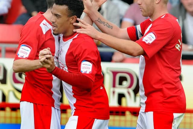 Nicky Ajose celebrates scoring the winner for Crawley Town against Leyton Orient in 2012. Picture by Jon Rigby