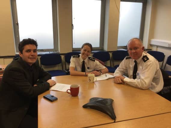 Huw Merriman with Chief Inspector Sarah Godley and Chief Superintendent Jason Taylor