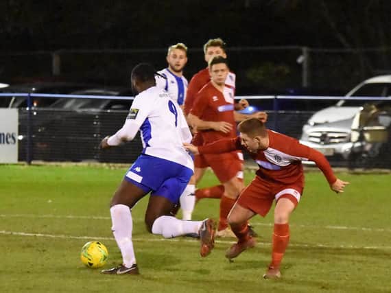Action from East Preston's Sussex Senior Cup quarter-final clash at Haywards Heath Town. Picture: Grahame Lehkyj