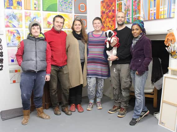 Red Herring Studios artists Alice Duck, Nick Sayers, Derya Erdem, Amy
Branton, Tom Butcher (and his dog), Carla Armour (Credit:  Nick Sayers)