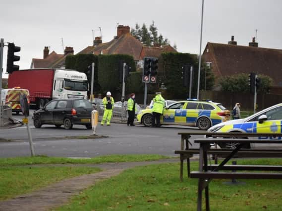 The collision at the Polegate crossroads damaged traffic lights. Picture: Dan Jessup