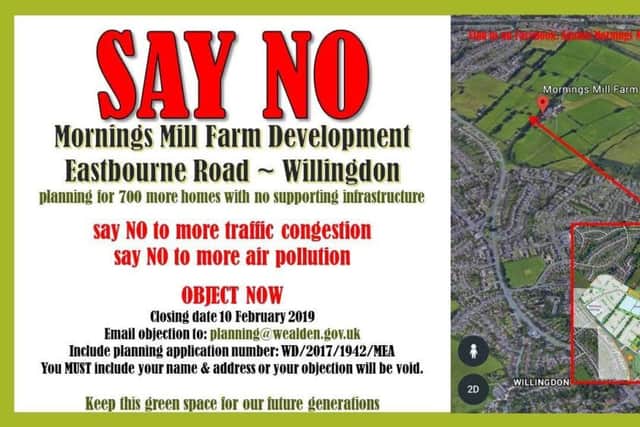 A poster objected to the proposed development at Mornings Mill Farm in Willingdon