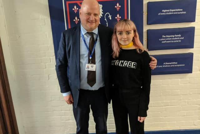 Maisie Williams with Steyning Grammar School headteacher Nick Wergan