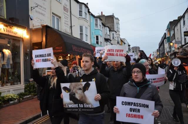 Protesters took to Brighton's lanes in a march against shops selling leather and fur