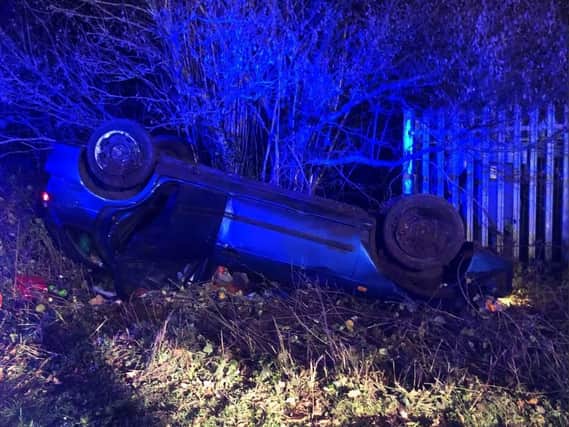 A car 'rolled' off a carriageway last night. Picture courtesy of PC Tom Van Der Wee